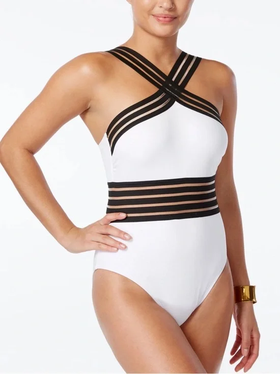 Kenneth Cole New York White and Black Striped One-Piece Swimsuit 🤍size Small - Picture 3 of 11